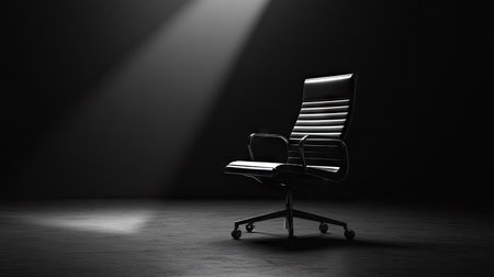A sleek office chair sits in an empty, dark conference room, a single beam of light highlighting its silhouette.の素材