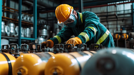 A worker in safety gear inspecting a set of high-pressure gas cylinders in an industrial warehouse.の素材
