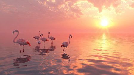 A beautiful tropical lagoon where flamingos elegantly stand under the warm morning sun.の素材