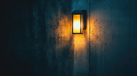 A soft golden wall light illuminating textured concrete in the night.の素材