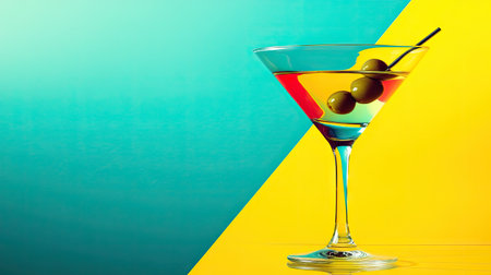 A vibrant pop-art-inspired martini with olives, placed on a bright yellow and cyan background.の素材
