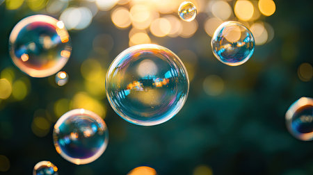 Floating bubbles with a metallic sheen, creating an abstract modern art effect.の素材
