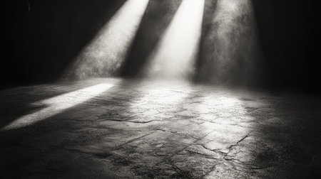 Dramatic spotlights shining from different angles, creating high contrast on a textured floor.の素材