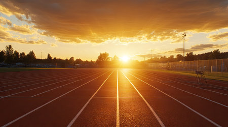 A sunset casting golden light over a deserted running track, with lanes stretching toward the horizon.の素材