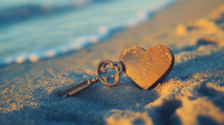 A symbolic heart lock and key duo placed on a sandy beach, representing eternal love.の素材