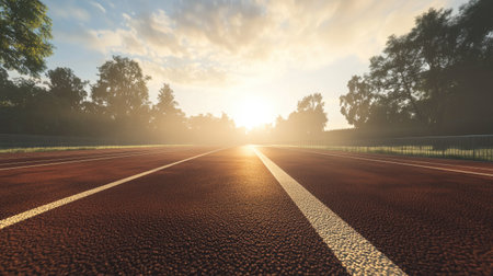 A wide-angle shot of a professional running track, its lanes visible under soft morning light.の素材
