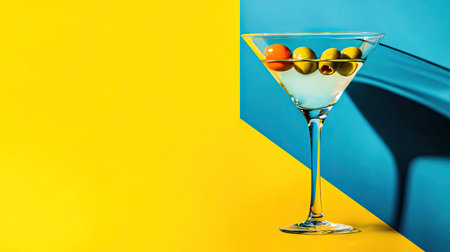 A vibrant pop-art-inspired martini with olives, placed on a bright yellow and cyan background.の素材
