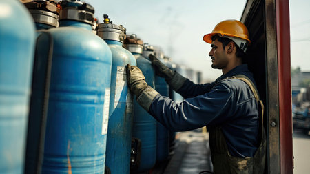 A worker securing compressed gas cylinders in a truck for safe transportation.の素材