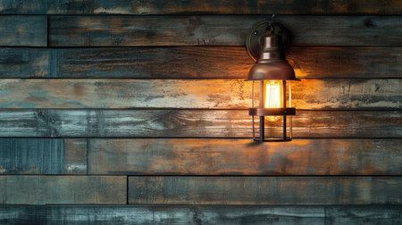 A warm-toned industrial-style wall lamp lighting up a rustic wooden wall.の素材