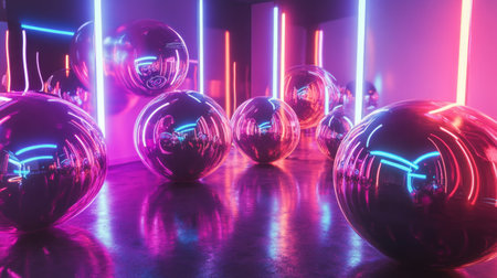 A surreal arrangement of oversized glossy spheres reflecting neon lights.の素材
