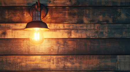 A warm-toned industrial-style wall lamp lighting up a rustic wooden wall.の素材