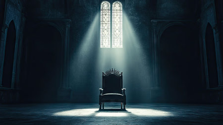 A throne-like chair in a vast dark hall, a single ray of light streaming through a high window.の素材