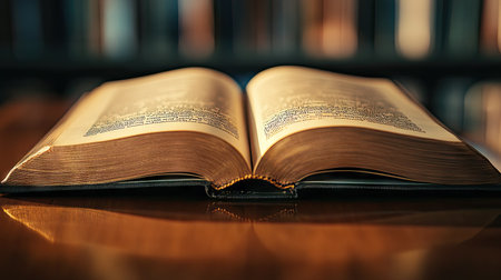 A close-up of an open book with elegant typography, reflecting onto a smooth wooden table.の素材