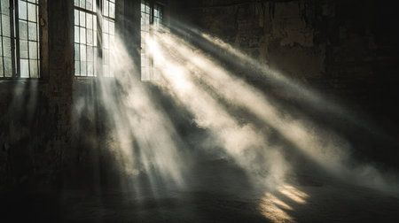 Bright beams of light pierce through a foggy dark room, diffusing softly into the mist.の素材