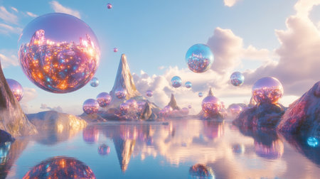 A vibrant scene of floating spheres with mirror-like surfaces reflecting each other.の素材