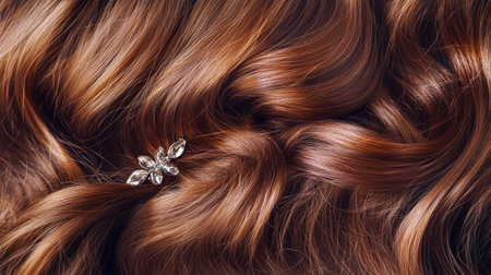 A beautiful close-up of a young woman's hair, with a shiny hair clip nestled in her soft curls.の素材