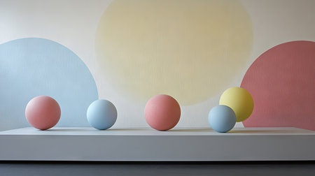 Playful arrangement of pastel and primary-colored spheres on a minimalist stage.の素材