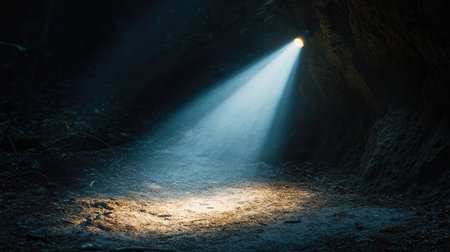 Strong directional spotlights highlighting a single object in an otherwise dark environment.の素材