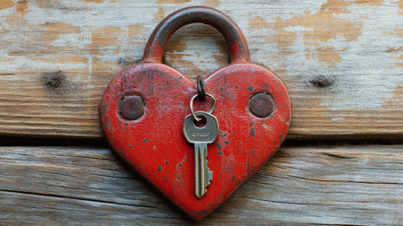 A vintage key inserted into a red heart-shaped padlock on a wooden background.の素材