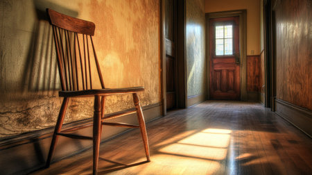 A wooden chair placed at the end of a dimly lit hallway, shadows stretching behind it.の素材
