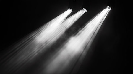 Multiple spotlights cut through the darkness, casting intersecting beams of light.の素材