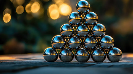 Glossy spheres stacked in a pyramid formation, catching dramatic light reflections.の素材