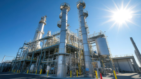 Industrial gas storage tanks under a bright blue sky, safety signs visible.の素材