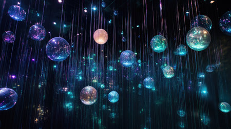 Iridescent spheres floating in a deep, dark background, illuminated by soft ambient light.の素材