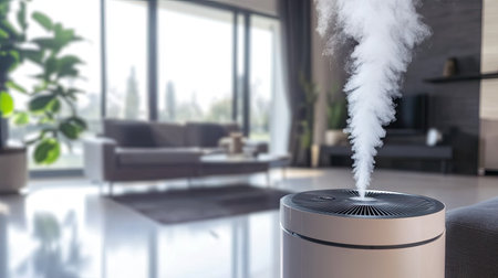 A close-up of an air purifier releasing fresh air into a modern home.の素材