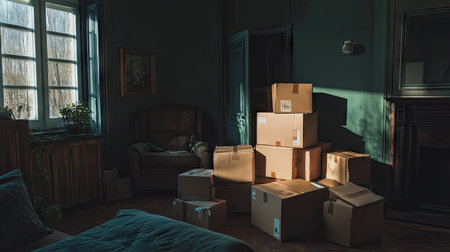 A bedroom with moving boxes stacked high, awaiting the final steps of the move.の素材
