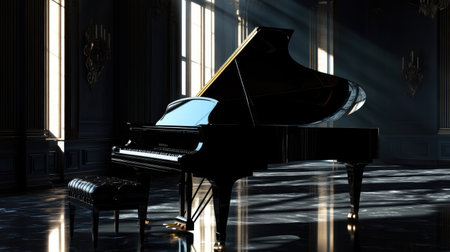 A black grand piano with soft light reflections, creating a sophisticated and artistic composition.の素材