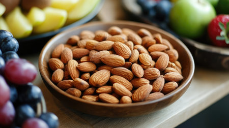 A bowl of roasted organic almonds paired with a fresh fruit platter, ready for a healthy snack.の素材