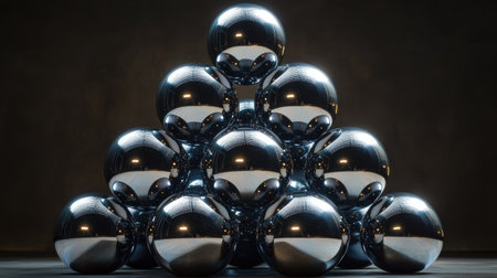 Glossy spheres stacked in a pyramid formation, catching dramatic light reflections.の素材