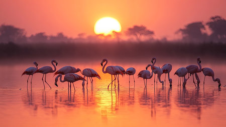 A breathtaking sunrise over a calm wetland, where a flock of flamingos is gracefully feeding.の素材