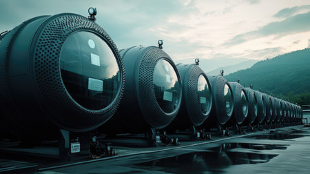 Large horizontal compressed gas tanks lined up in an outdoor industrial site.の素材