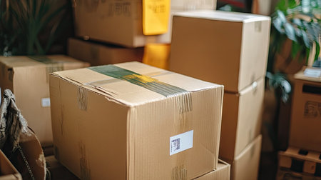 A close-up of moving boxes with handwritten labels, showing organized preparations for relocation.の素材
