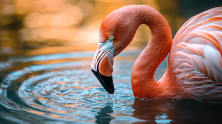 A close-up of a flamingo dipping its beak into the water, with gentle ripples creating a soothing effect.の素材