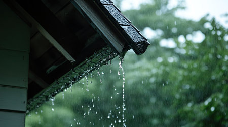 A close-up of rain pouring down from the eaves of a house, captured in sharp detail.の素材