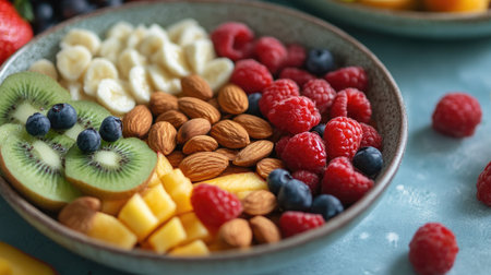 A bowl of roasted organic almonds paired with a fresh fruit platter, ready for a healthy snack.の素材