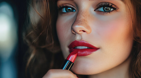 A beauty-conscious woman applying a bright lipstick shade, preparing for a photo shoot.の素材