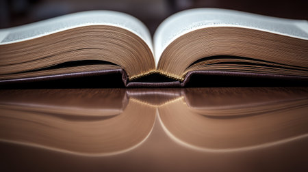 A close-up of an open book with elegant typography, reflecting onto a smooth wooden table.の素材