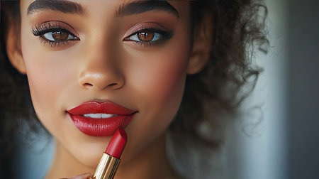 A beauty-conscious woman applying a bright lipstick shade, preparing for a photo shoot.の素材