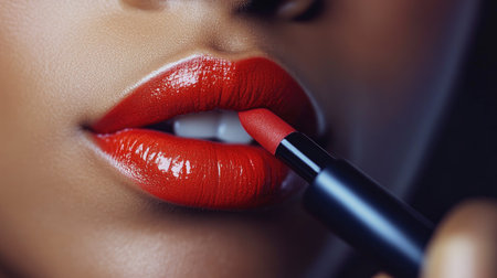 A close-up of a woman's lips as she applies a bright shade of lipstick, with a focus on details.の素材
