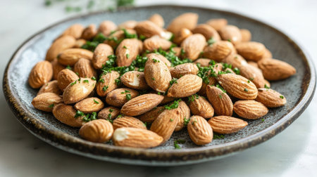 A beautifully arranged platter of roasted organic almonds, with a sprinkle of herbs for an extra touch.の素材