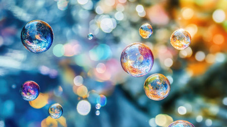 Floating multicolored spheres with soft reflections, creating a dreamy abstract effect.の素材