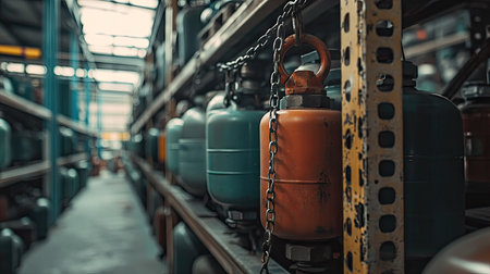 Stacked compressed gas cylinders in a warehouse, safety chains securing them.の素材