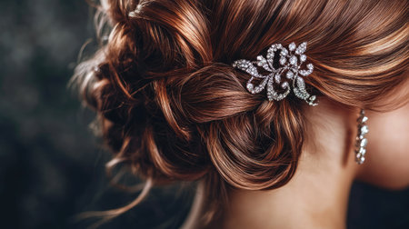 A close-up of a young woman's hair, styled with a sparkling hair clip in an elegant updo.の素材