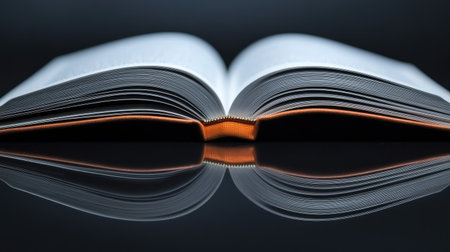 A close-up of an open book with its reflection visible on a sleek black surface.の素材