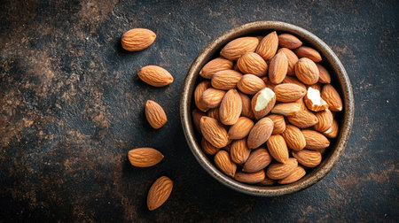 A bowl of roasted organic almonds with a rustic background, showcasing their crunchy texture.の素材