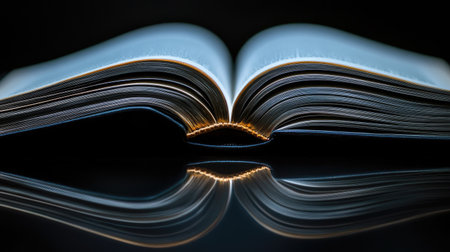 A close-up of an open book with its reflection visible on a sleek black surface.の素材